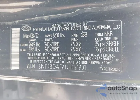 2022 Hyundai Santa Cruz Sel z USA, uszkodzony, nr VIN 5NTJBDAE6NH021981